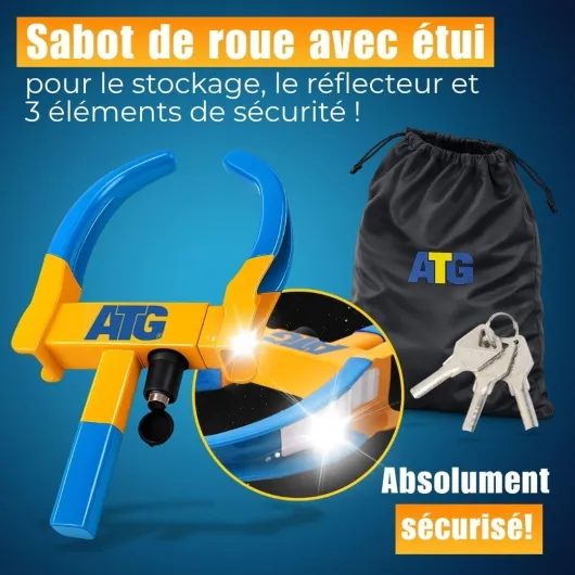 ATG Sabot de Roue Voiture & Remorque – Antivol Roue Universel pour Auto, Caravane, Camping-car, Moto – Bloque Roue Sécurité Pneus 18–28 cm Jaune/Bleu