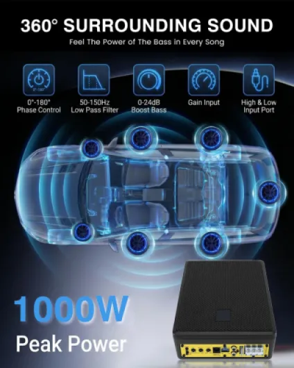 Caisson de Basse pour Voiture, Subwoofer Alimenté sous Le siège Ultra, Puissance Maximale de 1000W, Amplificateur Audio Intégré, Son Surround Stéréo, Subwoofer Compact de 10 Pouces, Noir