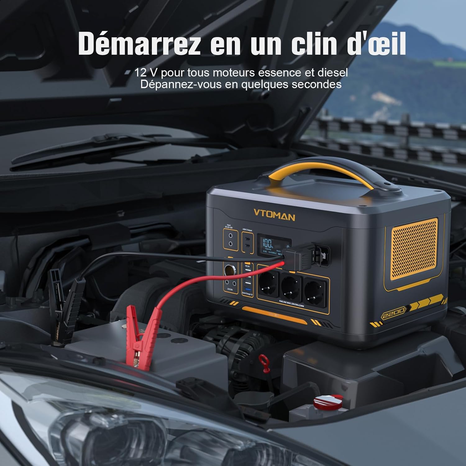 Jump 2200 Station électrique Portable 2200W avec Câble de Démarrage- 1548Wh Générateur Solaire LiFePO4 Batterie électrique Générateur, Dual PD 100W Typ-C Sortie pour Camping Extérieur Fr-jump2200+jumper Cables-black