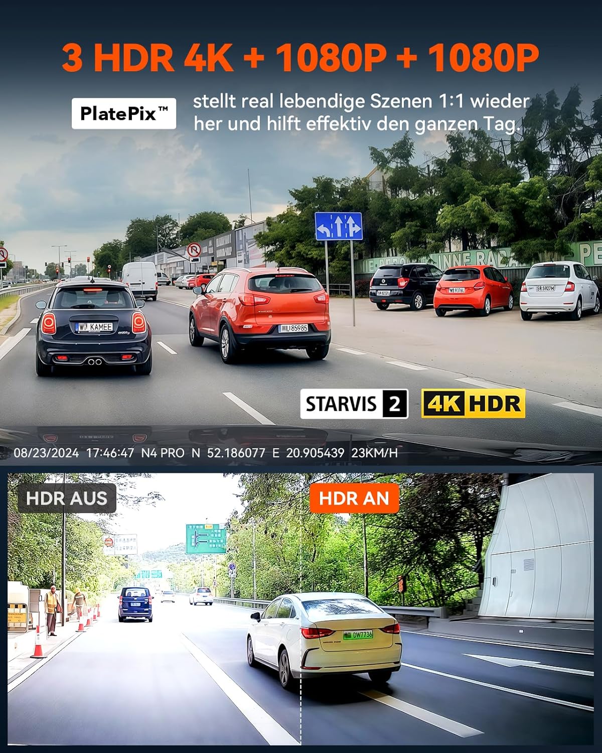 N4 Pro Dashcam Voiture 4K+1080P+1080P/3 HDR, STARVIS 2 Camera Embarquée 360 degrés, 5GHz WiFi GPS Dash Cam Infrarouge Avant Arrière, Commande Vocale en français, Mode Parking Tampon, Max 512G