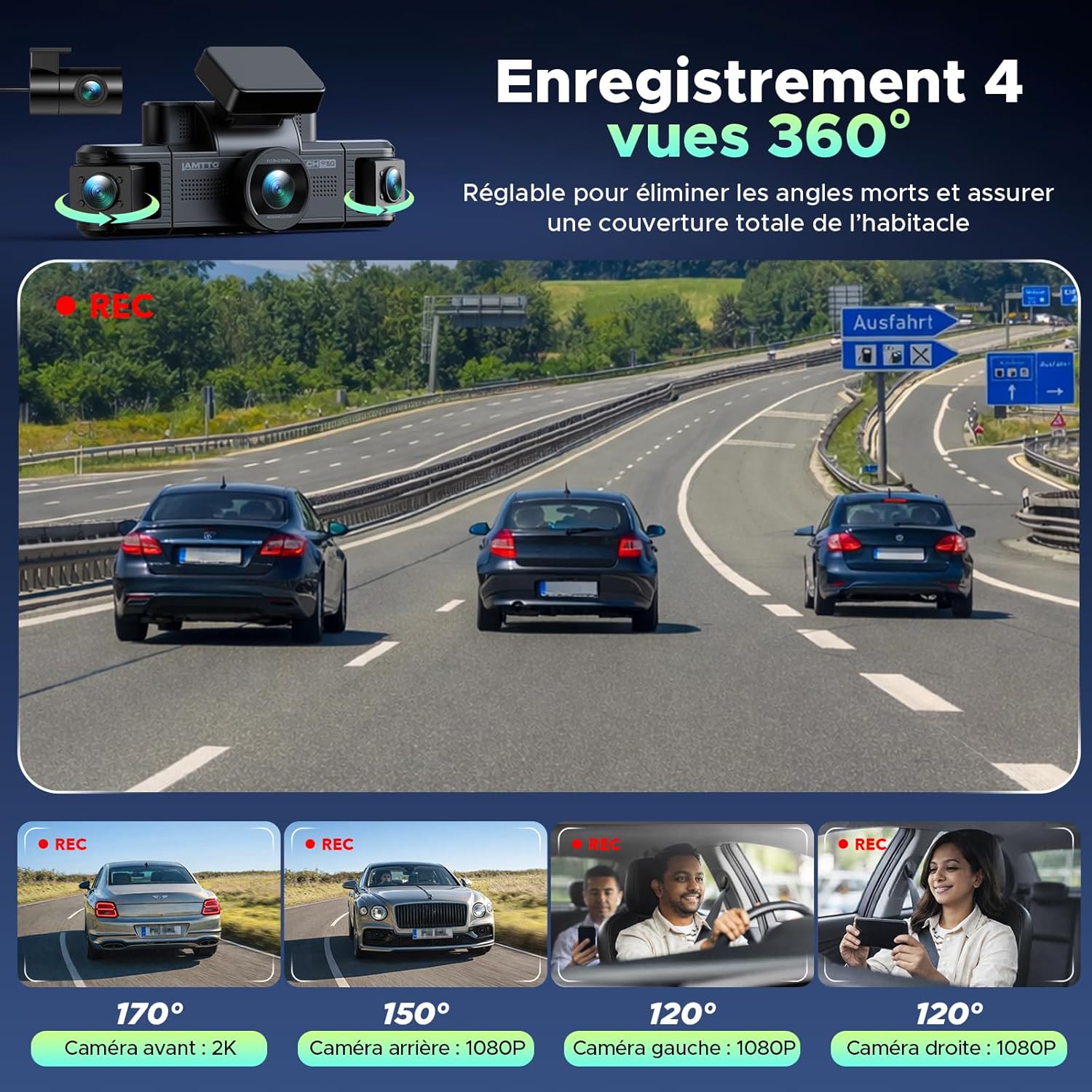 4 Canaux Dashcam Voiture 360°, Caméra Voiture 2K Avant 1080P Arrière Côtés Intérieur, Wi-FI 5GHz, Capteur G Surveillance de Parking, Hardwire Kit - Idéal pour VTC, Taxi et Sécurité Routière