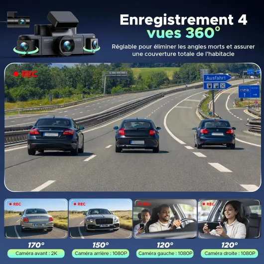 4 Canaux Dashcam Voiture 360°, Caméra Voiture 2K Avant 1080P Arrière Côtés Intérieur, Wi-FI 5GHz, Capteur G Surveillance de Parking, Hardwire Kit - Idéal pour VTC, Taxi et Sécurité Routière