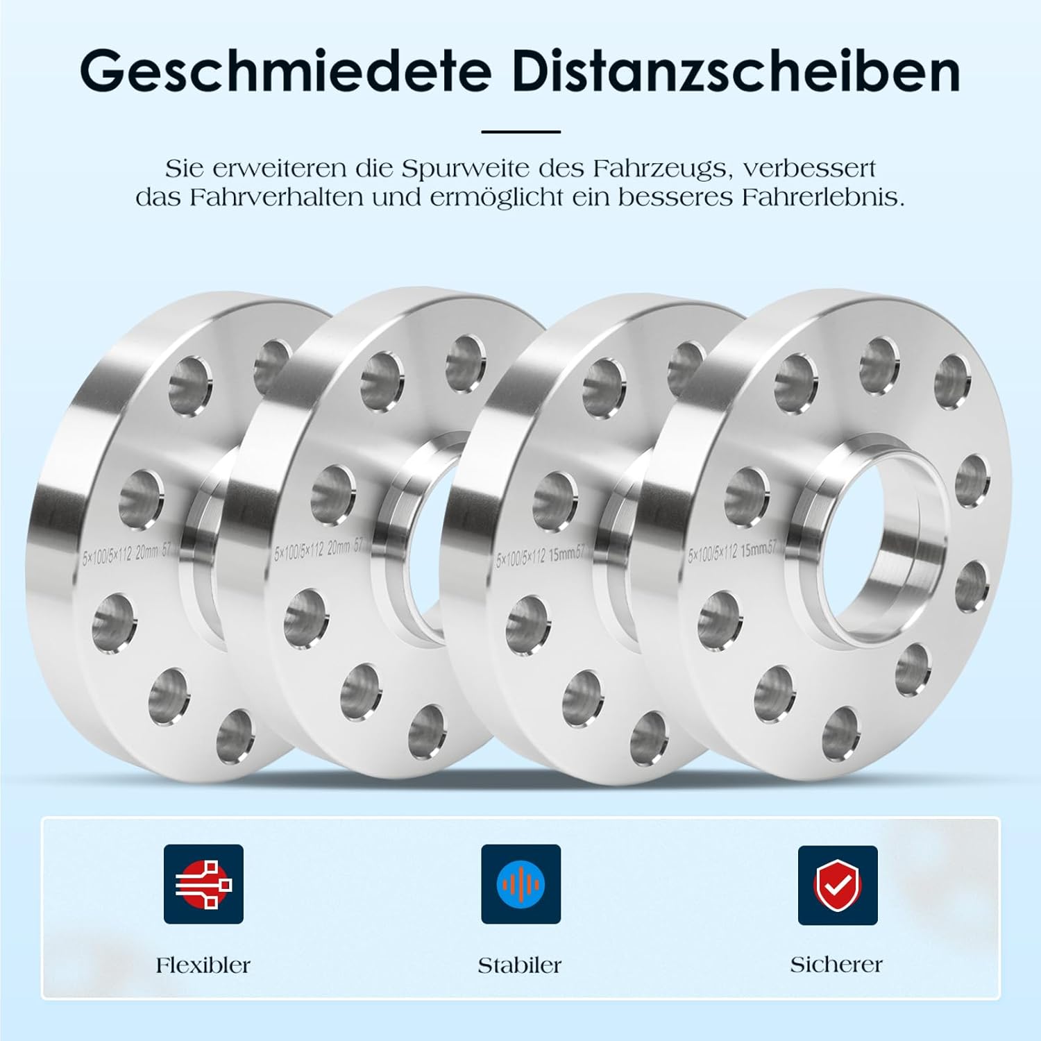 GEARMONSTER Lot de 4 élargisseurs de voie/entretoises de 15mm et 20mm LK: 100/5+112/5 NLB:57.1 avec 20 boulons de roue M14x1,5 40/45mm pour VW Golf