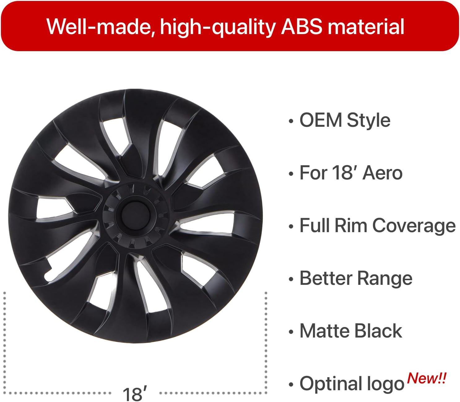Enjoliveur de Roue pour Tesla Model 3 18 Pouces Noir Mat Logo de Soutien Amélioration de la Gamme (1 pièces) Style Uberturbine 2017-2023 Model 3 Enjoliveur de Roue Aero de Remplacement Noir mat - Côté 1
