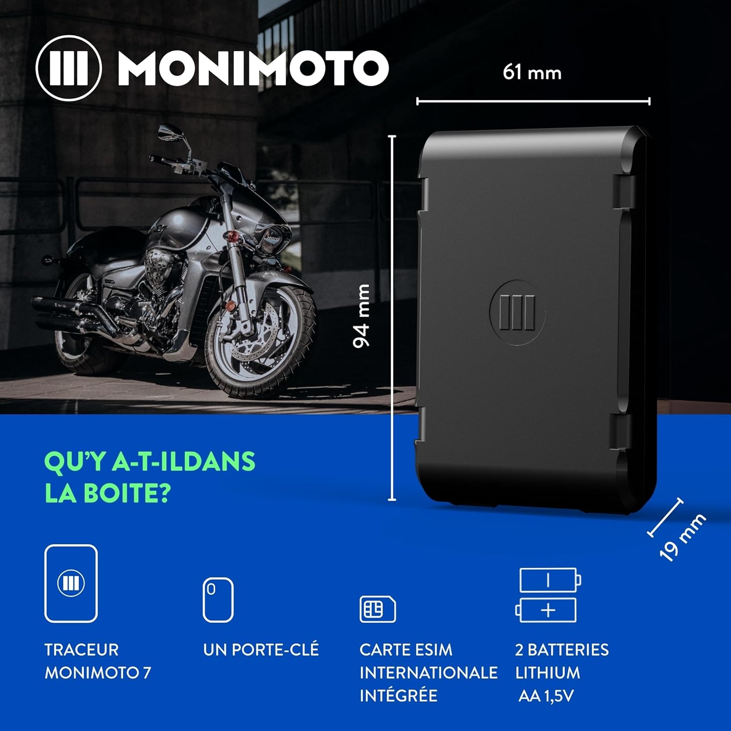 MoniMoto 7 - Tracker GPS Moto & Alarme Connectée, Installation Antivol Étanche sans Fil - Traceur GPS Voiture, Moto, Scooter, Poids Lourd, Camping Car