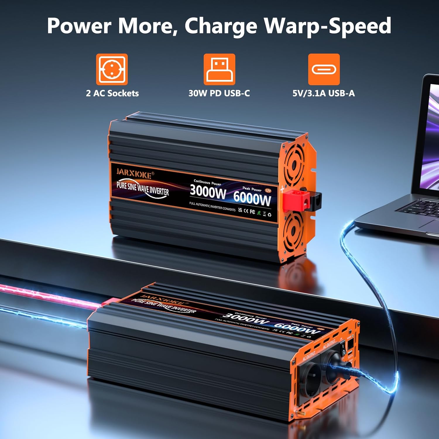 Convertisseur 12V 220V Pur Sinus 3000W/6000W Onduleur Transformateur de Tension Inverter avec écran LCD Télécommande & 2 Prises EU & Ports USB 3,4 A & Port de USB-C pour Camion,Camping-car park,Voyage 12V3000W