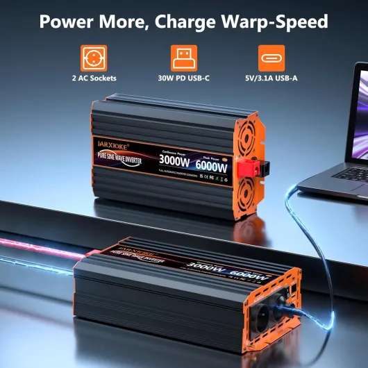 Convertisseur 12V 220V Pur Sinus 3000W/6000W Onduleur Transformateur de Tension Inverter avec écran LCD Télécommande & 2 Prises EU & Ports USB 3,4 A & Port de USB-C pour Camion,Camping-car park,Voyage 12V3000W
