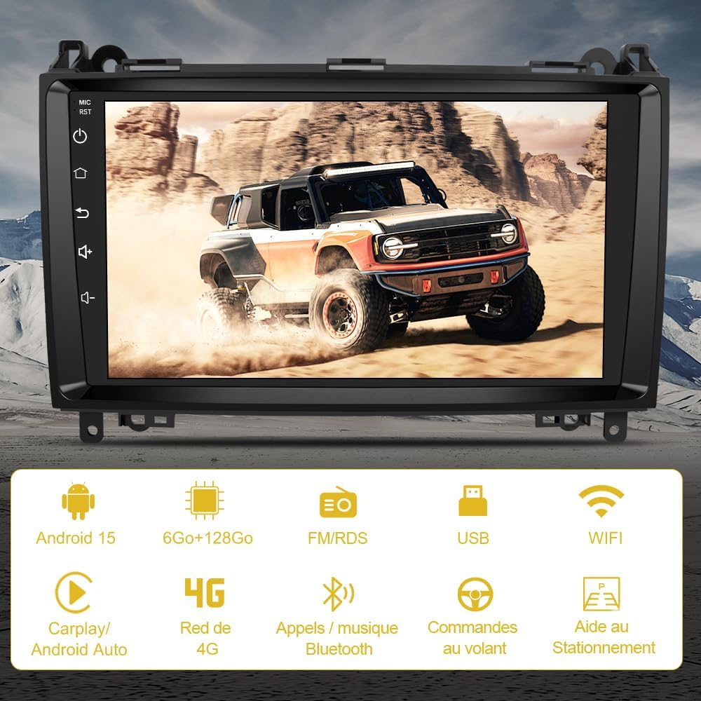 [6Go+128Go] Autoradio Android 15 pour Mercedes-Benz Vito Viano Sprinter W639/Classe B W245 W169 avec 4G Carplay 9 Pouces Écran Tacile avec GPS Android Auto/WiFi/RDS/FM/SWC/Aide au Parking
