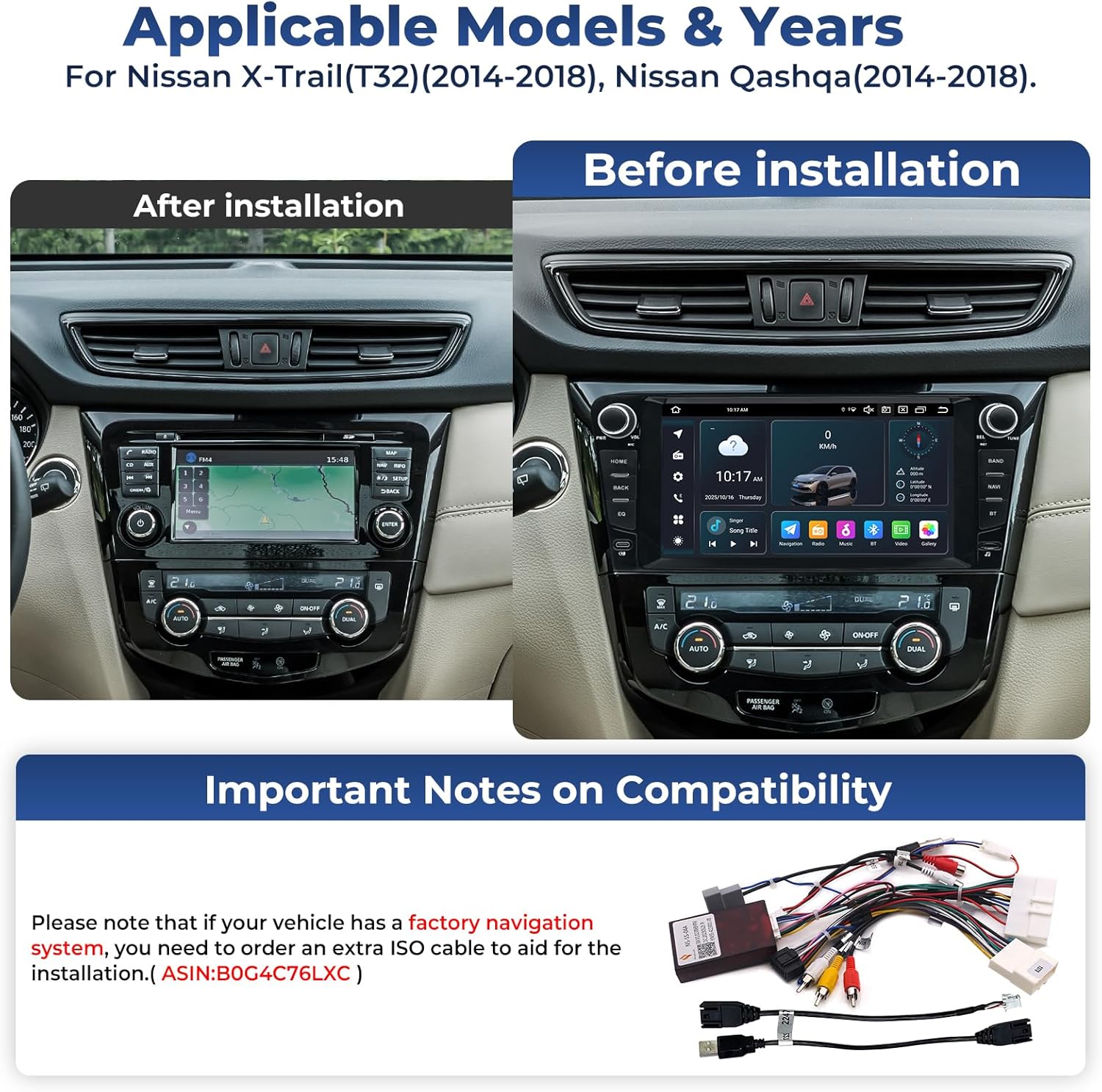 Autoradio 4+64G Android 14 Écran Tactile IPS 9 Pouces pour Nissan X-Trail (T32) (2014-2018), Nissan Qashqa (2014-2018) avec Apple CarPlay Android Auto 4G Bluetooth GPS Navi WiFi AM/FM