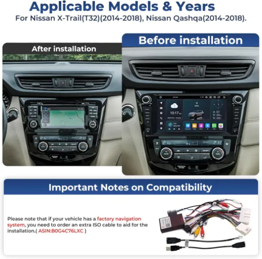 Autoradio 4+64G Android 14 Écran Tactile IPS 9 Pouces pour Nissan X-Trail (T32) (2014-2018), Nissan Qashqa (2014-2018) avec Apple CarPlay Android Auto 4G Bluetooth GPS Navi WiFi AM/FM