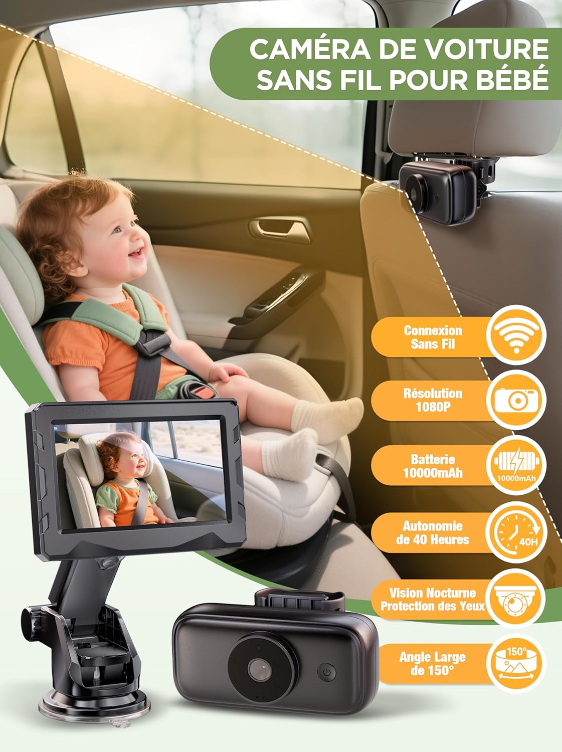 NUOTUN Camera Voiture Bebe sansFil, HD 1080P Miroir Voiture Bébé, Vision Nocturne, Batterie 10000mAh, ÉcranHD4,3″, Grand Angle de Vue, 2,4GHz, Moniteur de Sécurité Facile à Installer
