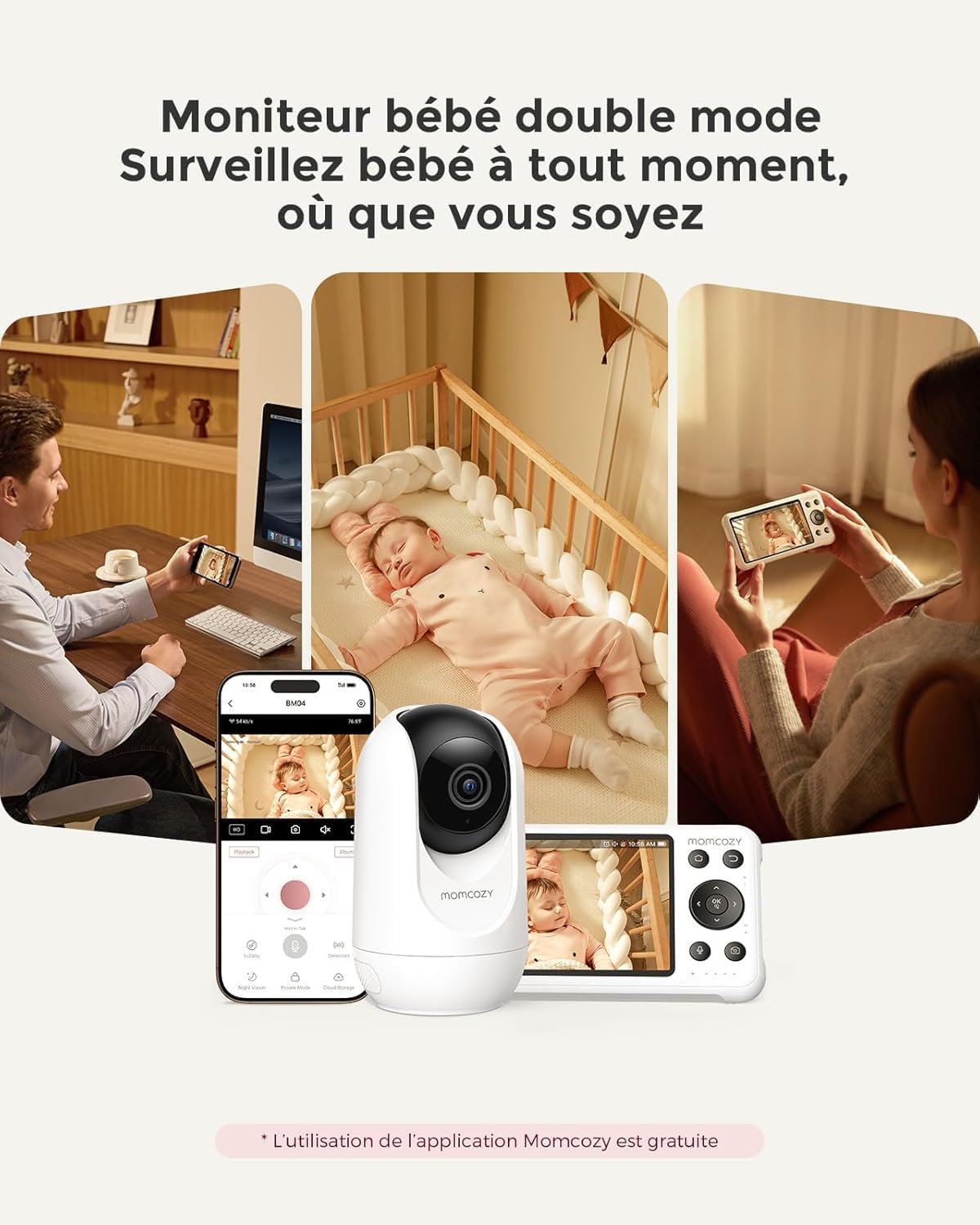 Momcozy Moniteur Bébé WiFi – Caméra HD 5" 1080P Fixation Murale, Détection Mouvements/Pleurs, Périmètre Sécurisé, Vision Nocturne Claire, Batterie 5000mAh, Interphone 2 Sens, Enregistrement Vidéo BM04 with 1 caméra