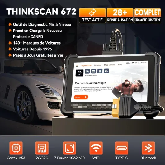Valise Diagnostic Auto, ThinkScan 672 Scanner OBD2 pour Système Complet Outil de Diagnostic avec 28 Réinitialisations, Can FD, Mise à Jour Gratuite à Vie TK672-FR