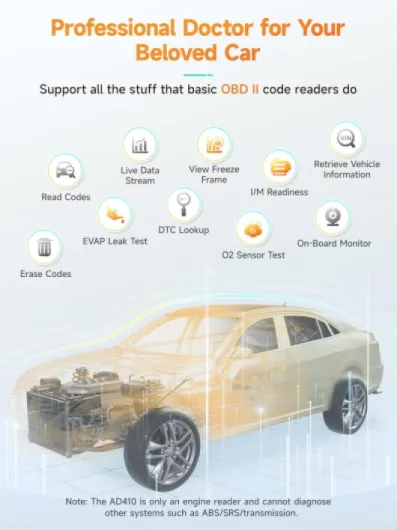 AD410 Lecteur OBD2 Valise Diagnostic Auto Multimarque, Amélioré OBD2 Diagnostic Français, Lecteur de Code d'erreur de Moteur, Diagnostic Voiture,pour Toutes Les Voitures OBDII après 2002 orange
