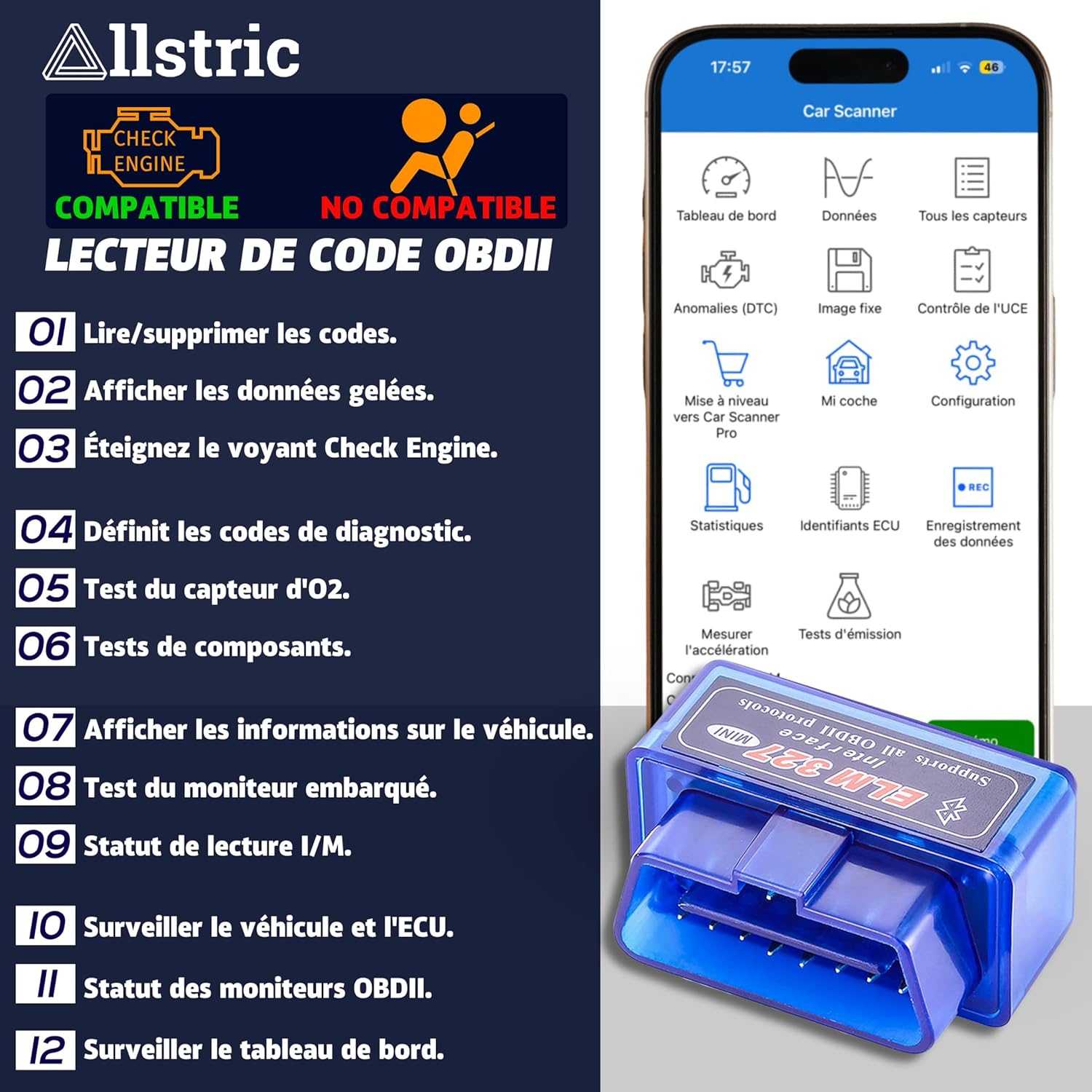 Obd2 Diagnostic Voiture Multimarque - Elm 327 Outils Diagnostics système Moteur OBD-II - OBD2 Bluetooth Original pour Diagnostic Voiture - Valise Diagnostic Auto Multimarque - OBD2 Bluetooth sans CD
