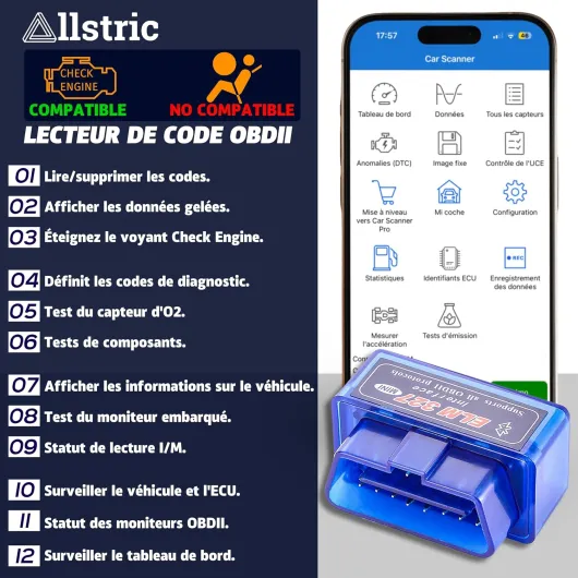 Obd2 Diagnostic Voiture Multimarque - Elm 327 Outils Diagnostics système Moteur OBD-II - OBD2 Bluetooth Original pour Diagnostic Voiture - Valise Diagnostic Auto Multimarque - OBD2 Bluetooth sans CD