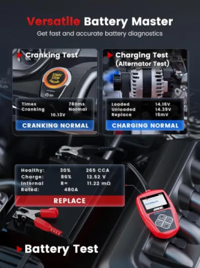 BA101 Testeur Batterie Voiture 12V, Moniteur de Batterie Auto avec Écran LCD, 100-2000 CCA Test de Batterie, Analyse de Charge, Précis Testeur Relais Auto Applicable à Camion, Moto, ATV, SUV