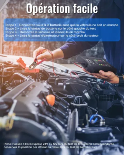 Testeur de Batterie Numérique, Voltmètre 12V/24V pour Batterie de Voiture & Moto, Analyseur du Système de Charge d'Alternateur avec Affichage LCD & Indicateurs LED, Deux Modes de Test Noir
