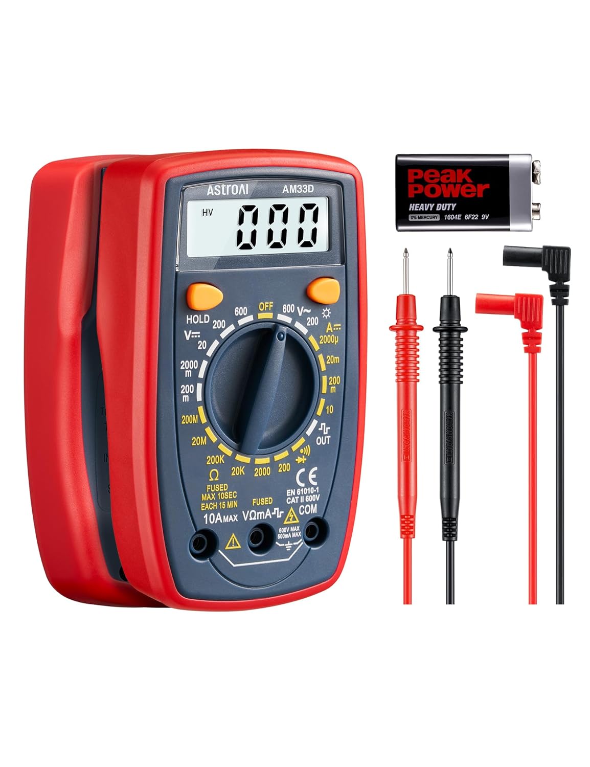 Multimètre Numérique Portable, Testeur Électrique Multifonctions 2000, Voltmètre, Ampèremètre, Ohmmètre, Testeur de Tension AC/DC, Courant DC, Résistance, Continuité, Diode rouge