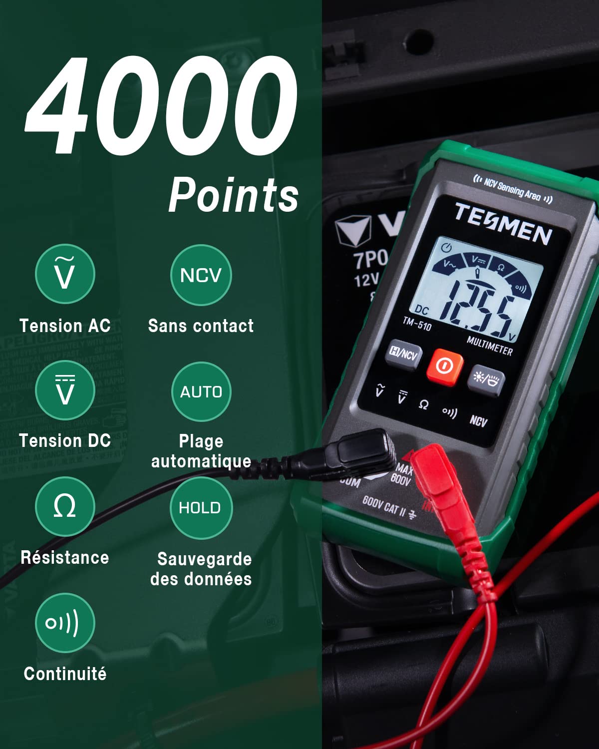 TESMEN TM-510 Multimetre Numerique, Testeur Electrique 4000 Comptes, Multimetre Professionnel Mesure Intelligente, Auto-Ranging Voltmetre, Mesure La Tension AC/DC, Resistance, Continuite – Vert Multimètre intelligent TM-510
