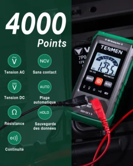 TESMEN TM-510 Multimetre Numerique, Testeur Electrique 4000 Comptes, Multimetre Professionnel Mesure Intelligente, Auto-Ranging Voltmetre, Mesure La Tension AC/DC, Resistance, Continuite – Vert Multimètre intelligent TM-510
