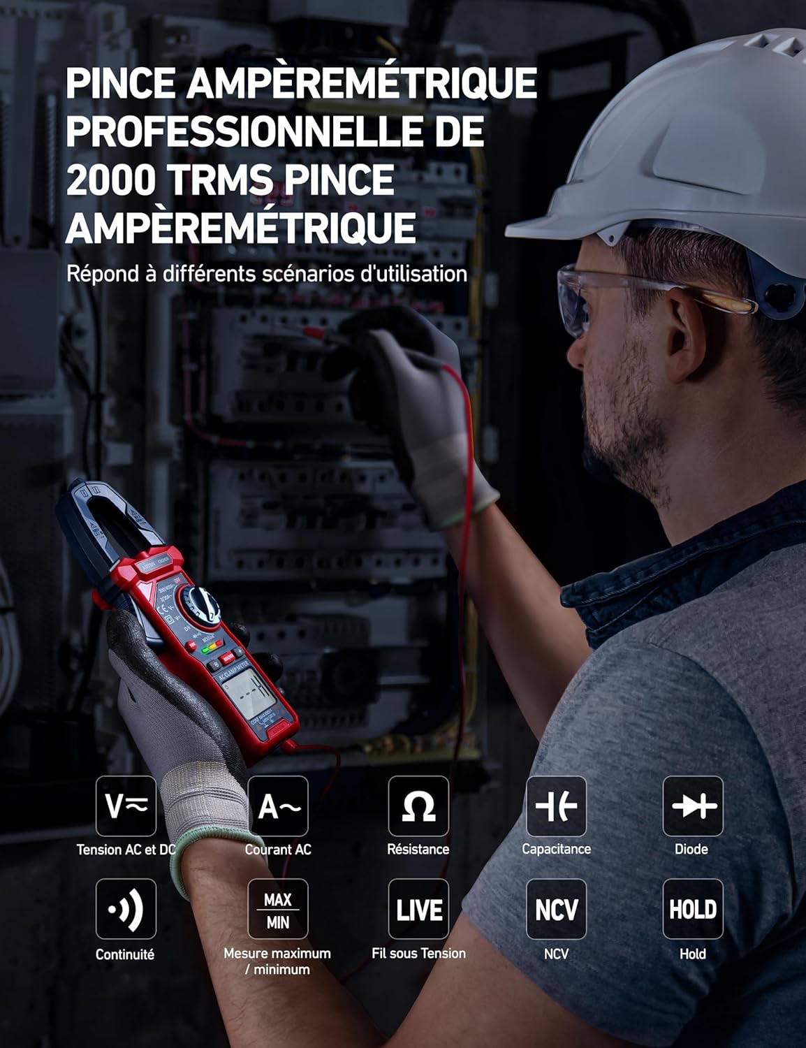 Pince Ampèremétrique Numérique TRMS 2000 points NCV, Multimetre Automatique, Voltmètre, Amperemetre, Testeur de Tension AC/DC, Courant AC, Résistance, Continuité, Capacité, Diode 2k