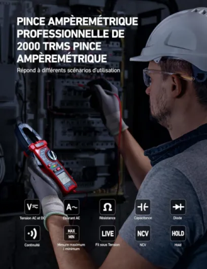 Pince Ampèremétrique Numérique TRMS 2000 points NCV, Multimetre Automatique, Voltmètre, Amperemetre, Testeur de Tension AC/DC, Courant AC, Résistance, Continuité, Capacité, Diode 2k
