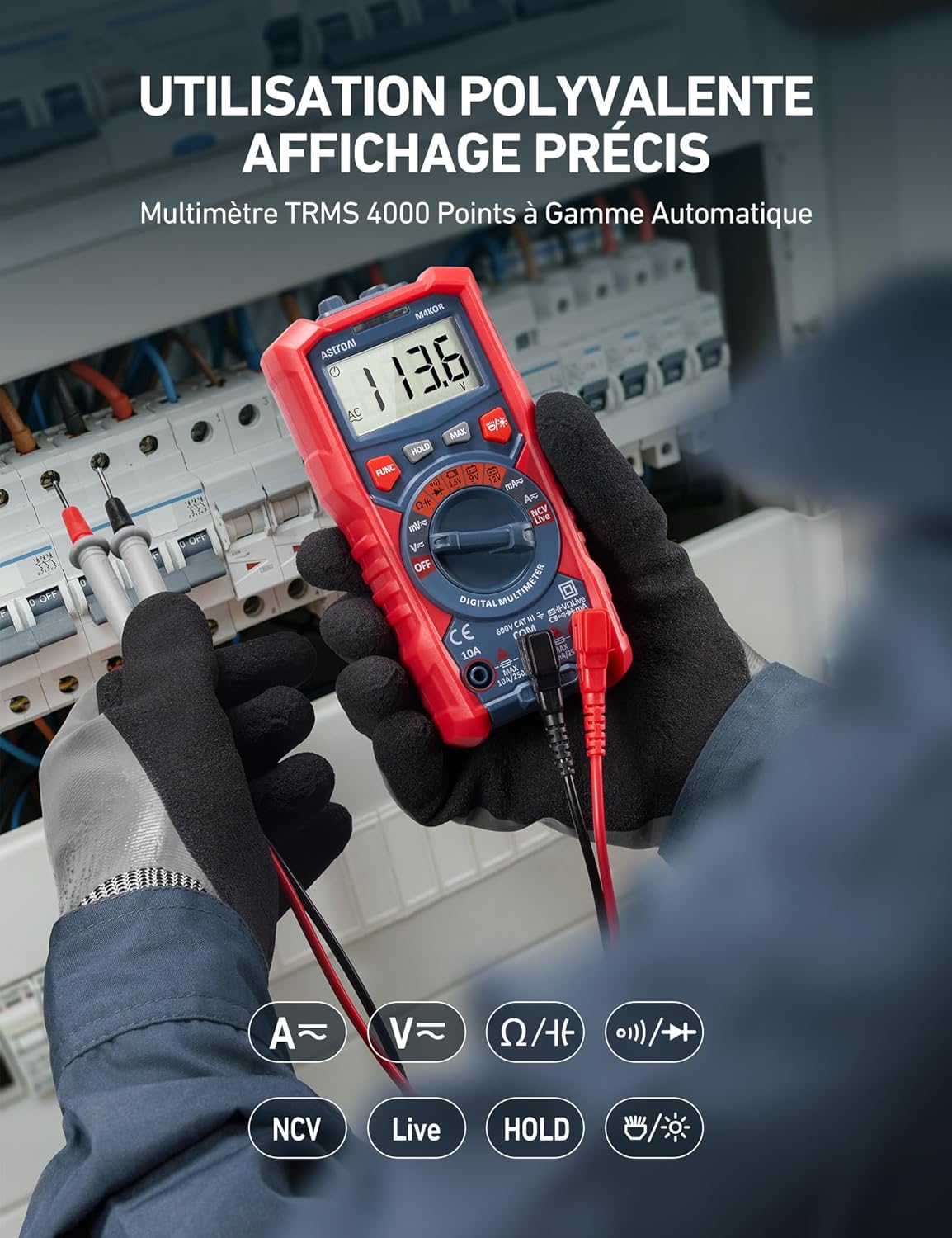 Multimètre Numérique TRMS 4000 Points NCV, Testeur Electrique Professionnel, Ohmmètre Voltmètre Automatique, Testeur de Tension AC/DC, Courant AC/DC, Résistance, Continuité, Diode, Capacitance