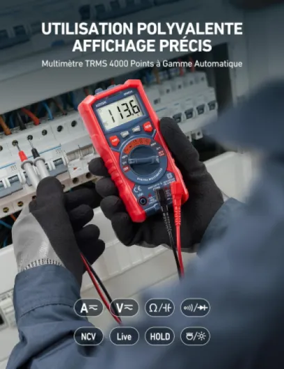 Multimètre Numérique TRMS 4000 Points NCV, Testeur Electrique Professionnel, Ohmmètre Voltmètre Automatique, Testeur de Tension AC/DC, Courant AC/DC, Résistance, Continuité, Diode, Capacitance