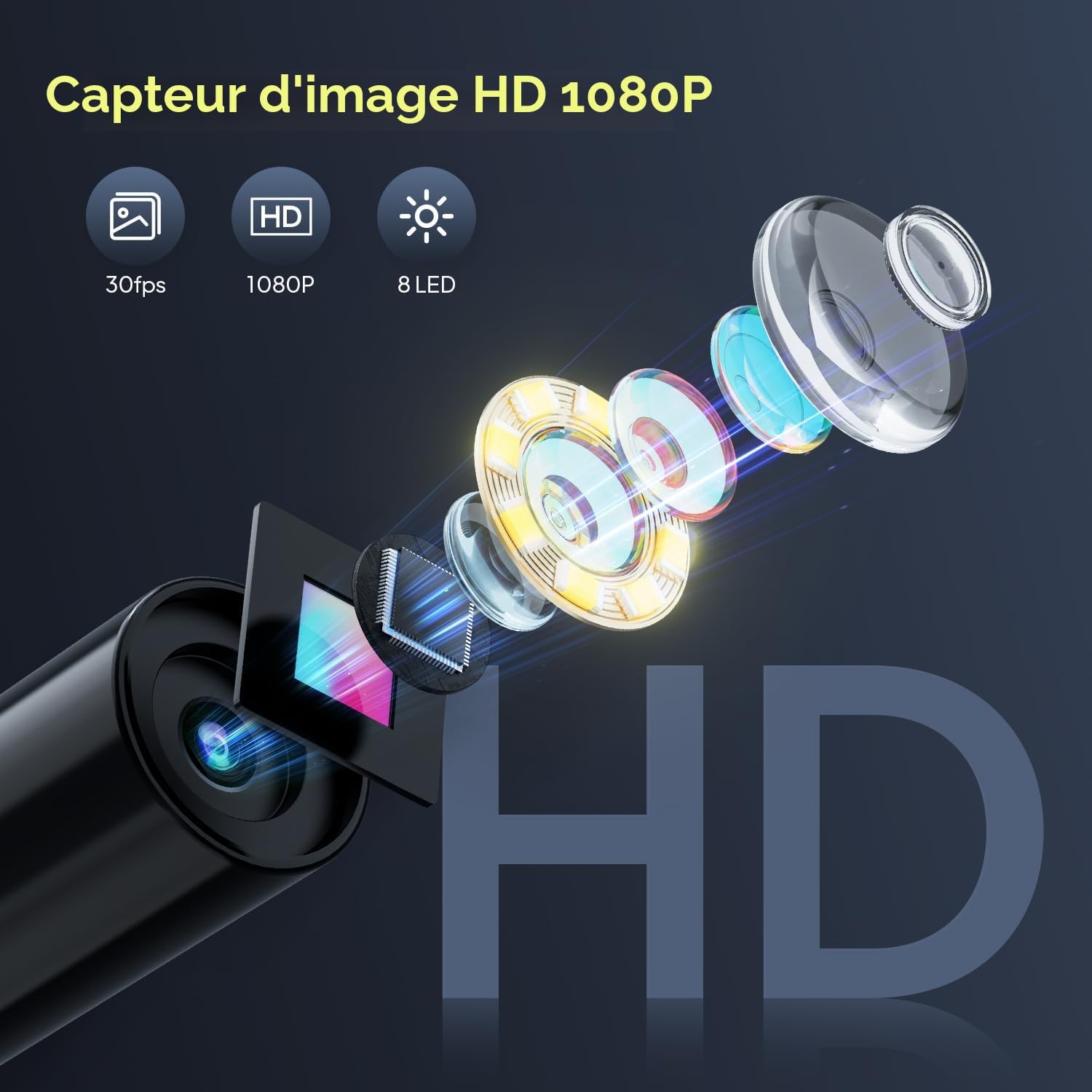 Caméra Endoscopique, 1080P HD Endoscope avec Zoom 2X, IP67 Camera Inspection Canalisation à Étanche IPS de 2,4 Pouces, Câble Semi-Rigide de 5M, 8 LED Réglables, Gadgets pour Hommes 5m/16.4ft