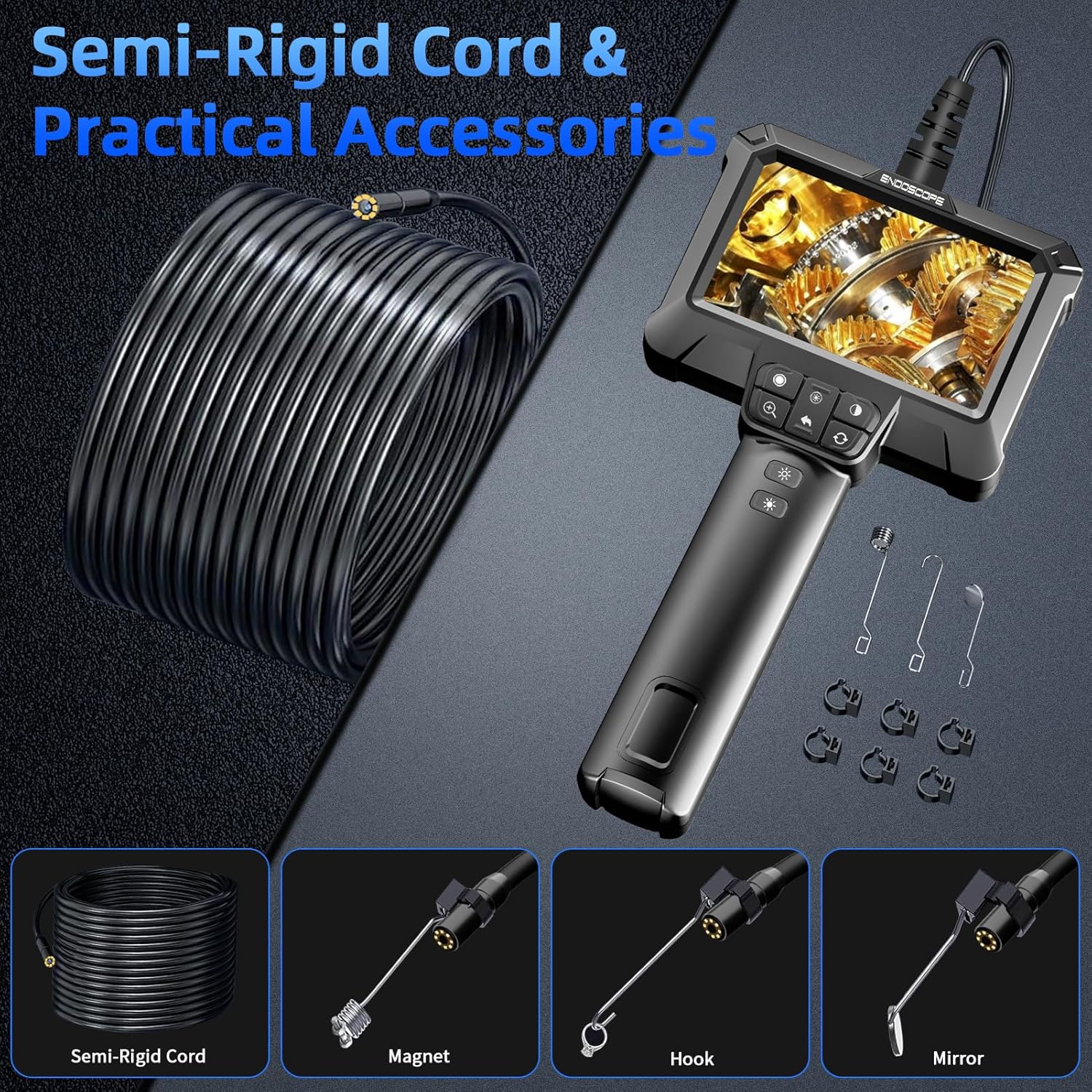 WINWEND Caméra endoscopique avec lumière, endoscope avec écran LCD HD de 10,9 cm, caméra d'inspection avec caméra serpent semi-rigide de 5 m, 7,9 mm, étanchéité IP67, outils automobiles pour caméra