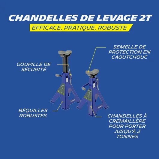 009557 2 Chandelles de Levage à crémaillère 2 Tonnes - Hauteur réglable 280-415mm - Blocage Rapide Levier + Goupille de Sécurité - Pieds Larges Stables - Semelle Caoutchouc Unique