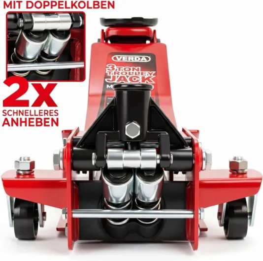 Verda Cric hydraulique rouleur 3T Profil Bas, Hauteur de Levage 75–515 mm, Double Pompe, poignée en D et pédale au Pied, graisseur, 2 Patins en Caoutchouc, cric Voiture pour Auto et SUV