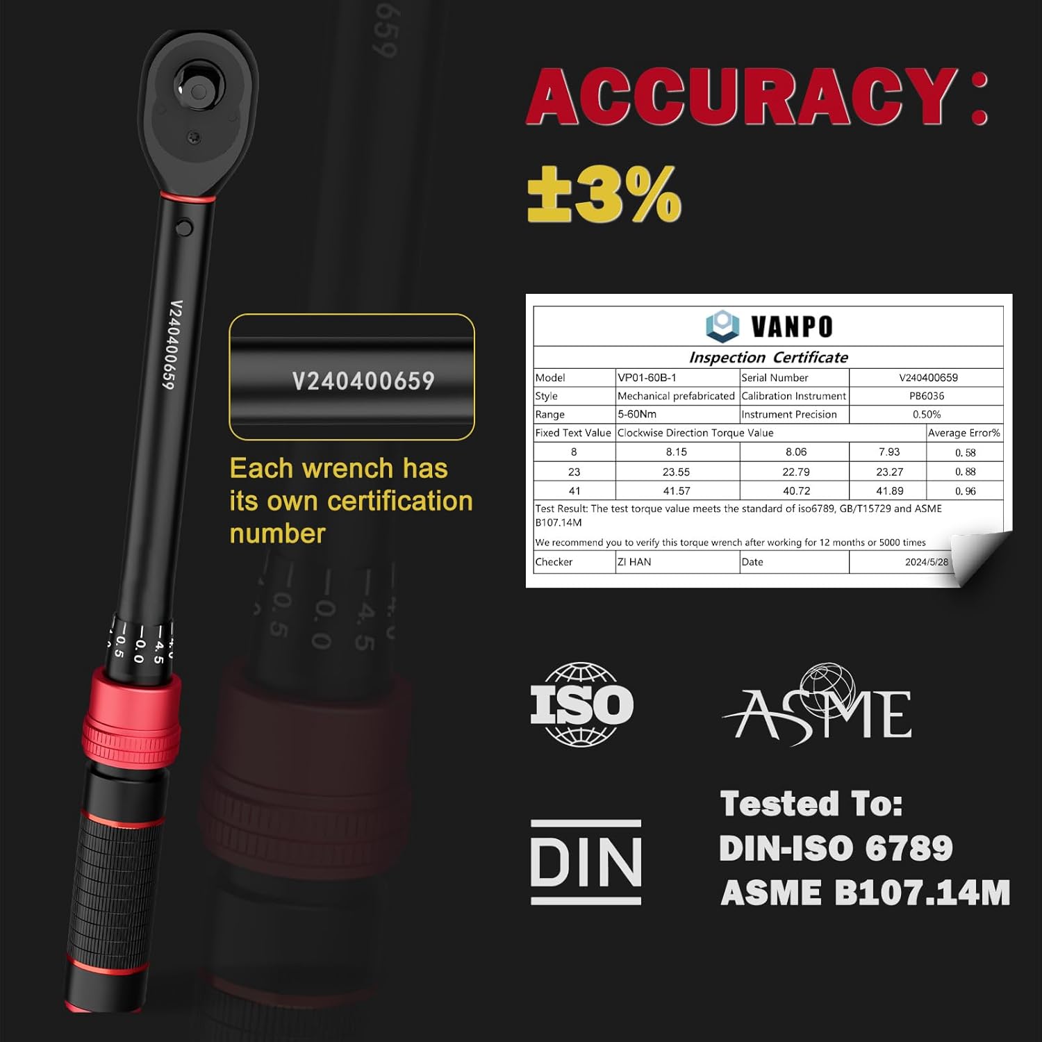 VANPO 3/8" Clé Dynamométrique 5-60Nm, 72 Dents Voiture y Moto Clés Dynamométriques 3 Pièces jeu avec 125mm Barre d'extension, 1/4" Adaptateur, pour Remplacement de Bougie D'allumage 3/8'' 5-60Nm