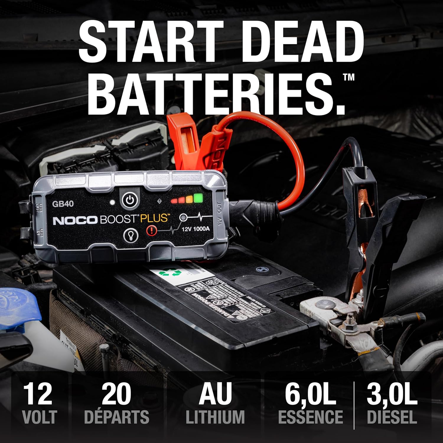 Boost GB40: Booster Batterie UltraSafe 1000A – Démarreur Lithium 12V Portable avec Powerbank et Chargeur USB – pour Moteurs Essence 6,0L et Diesel 3,0L Batterie externe