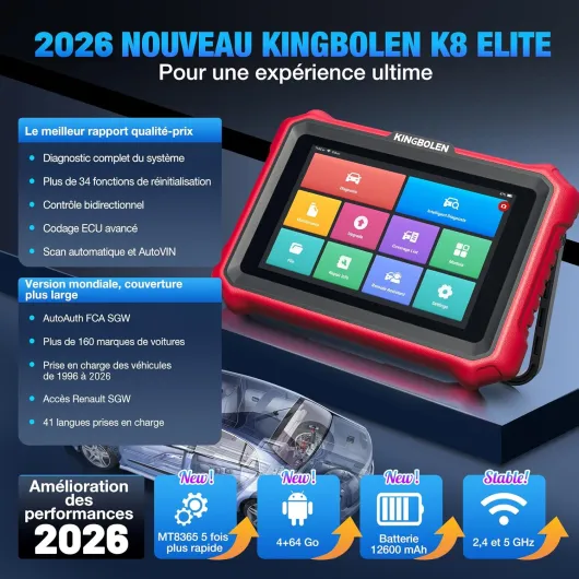 K8 Elite Valise Diagnostic Auto, OBD2 Diagnostic Français pour système Complet avec 42+ Réinitialisations, Codes ECU, Contrôle Bidirectionnel, CANFD＆DOIP, Mise à Jour Gratuite à Vie