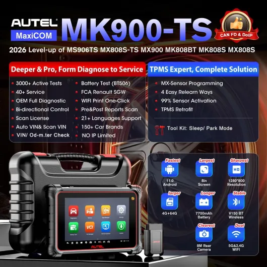 MaxiCOM MK900TS TPMS Diagnostic Auto, 2026 MK900-TS Up de MS906TS MX900TS MK808S-TS MK900 MK900BT, Program/Réapprenti TPMS, CAN FD&DoIP, Scanner Bidirectionnel 3K+ Tests Actif, 40+ Service, OS11 8.00''