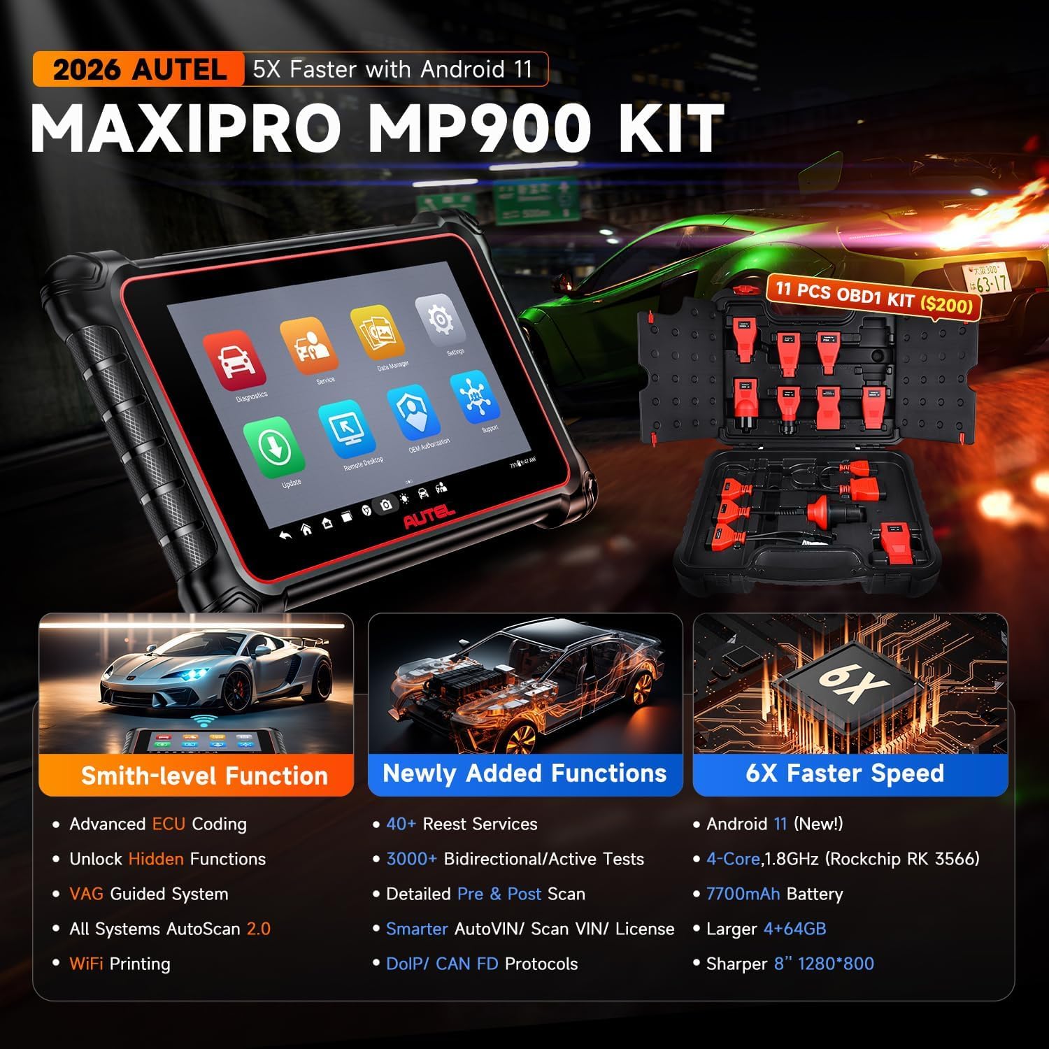 MaxiPRO MP900 KIT Valise Diagnostic Auto, 2026 Plus Récente Modèle MP900E, MP808BT PRO & MP808S, Codage ECU & Bidirectionnel comme MS906 PRO MP900BT, 11 Câbles OBD1, 40+ Réinitiali, 150+ Marques Autel MP900 Kit