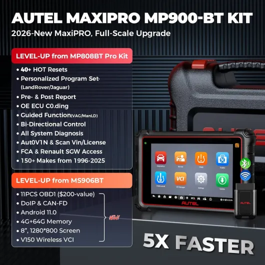 MaxiPRO MP900-BT KIT Valise Diagnostic Auto, 2026 ECU Codage Bidirectionnel OBD2 Scanner, Amélioré de MP808S MP808BT PRO MP900-BT, FCA DoIP/CANFD, 3K+ Test Actif, 40+ Service,11 OBD Câble (200€) MP900-BT KIT-EU