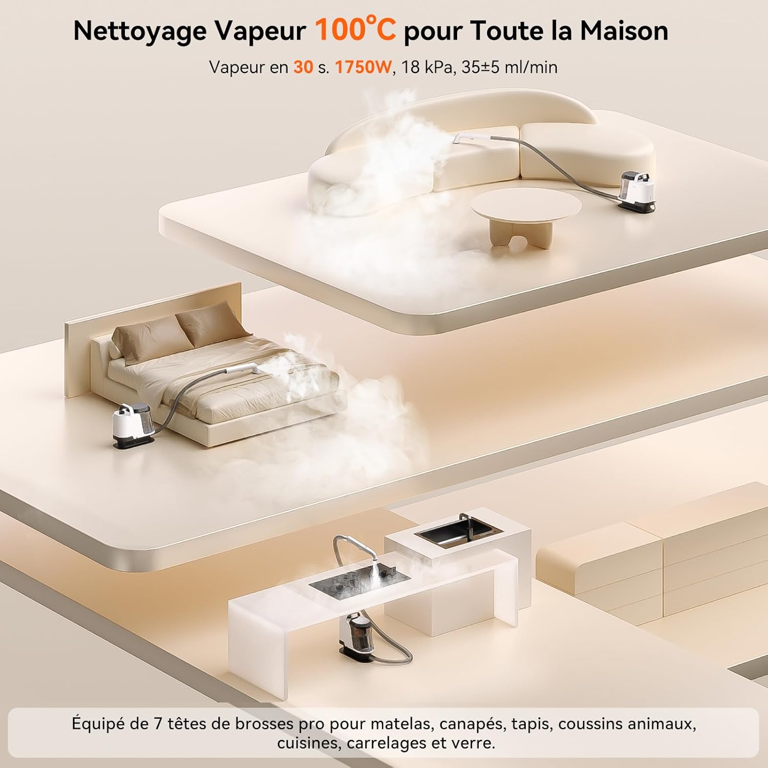Y100 Steam 3-en-1 Shampouineuse, Nettoyeur Canapé Tissu 18KPA, 1750W, Nettoyeur Vapeur 100°C, à l'Eau Chaude 65°C, à l'Eau Froide, Auto-nettoyage, Injecteur Extracteur Tête Multi, Détergent