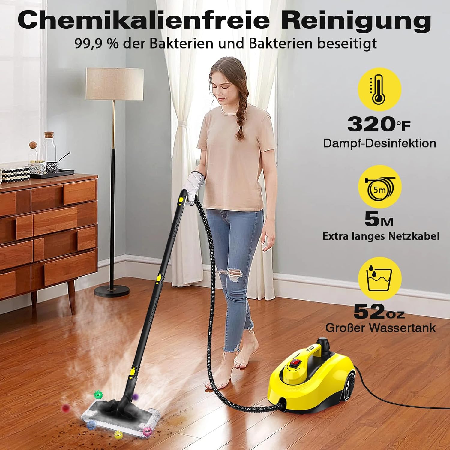 Nettoyeur vapeur pour meubles rembourrés, nettoyeur vapeur avec câble d'alimentation extra long de 5 m pour nettoyeur de sol, four, voiture, carrelage, tapis, coussin, canapé, punaises de lit - Jaune
