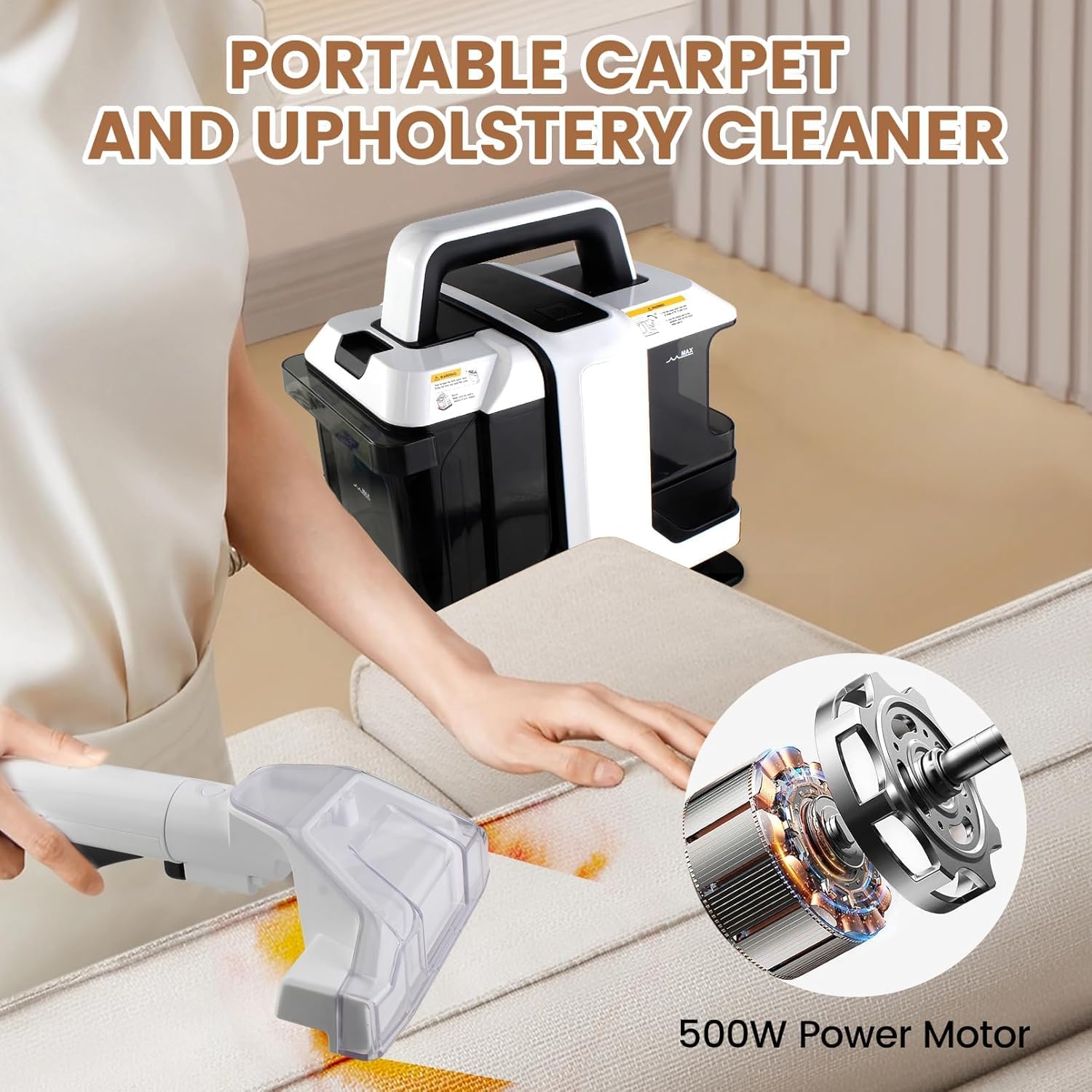 Nettoyeur de Tapis et Tissus d’Ameublement, Machine Portable Détachante 500W avec Aspiration de 11kPa - Double Réservoir d’Eau & 2 Brosses pour Canapé, Matelas, Sièges de Voiture & Taches d’Animaux