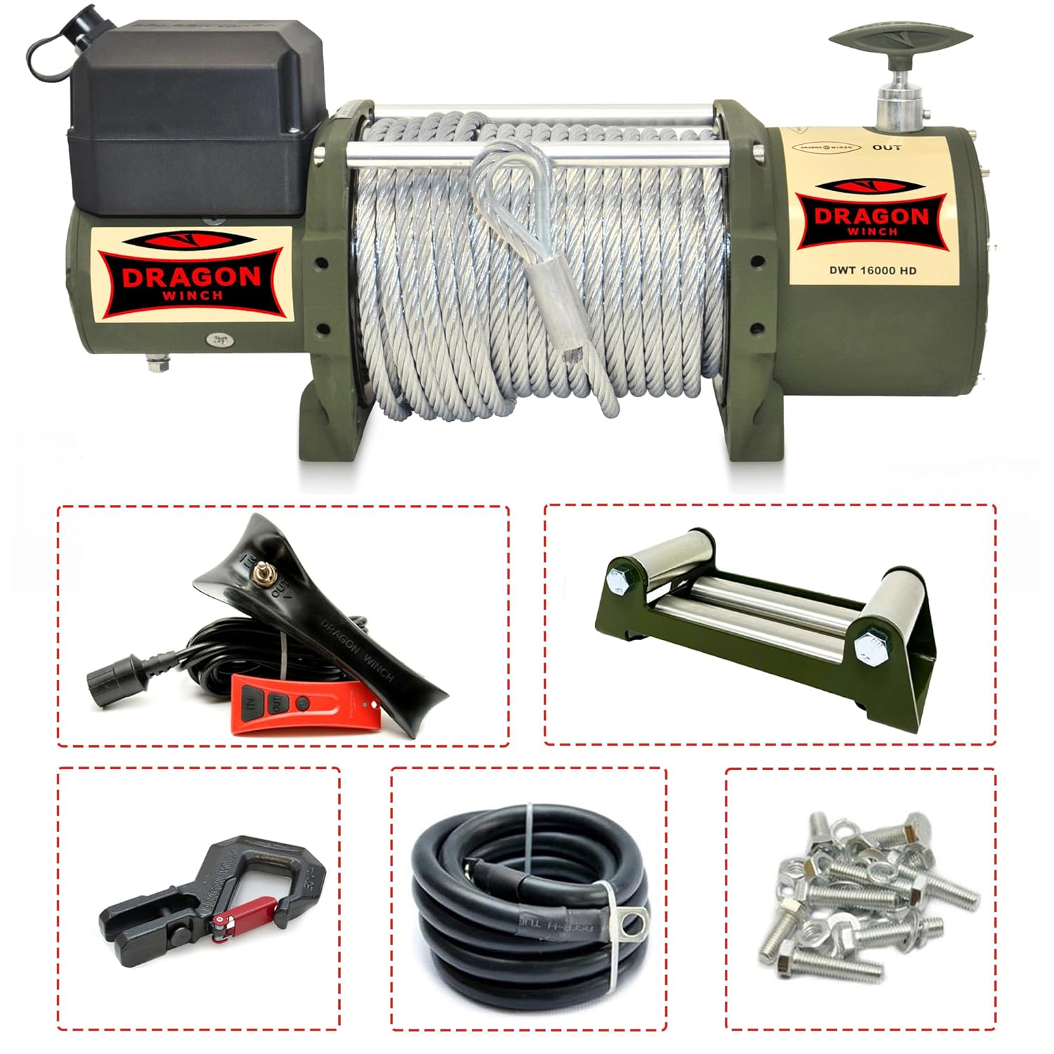 Treuil électrique Truck 16000 lbs 7257 kg, 12V avec câble en acier 31m pour les véhicules industriels, les véhicules pompiers et les camions avec télécommande sans fil + accessoires 12V câble en acier 31m