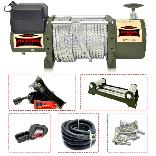 Treuil électrique Truck 16000 lbs 7257 kg, 12V avec câble en acier 31m pour les véhicules industriels, les véhicules pompiers et les camions avec télécommande sans fil + accessoires 12V câble en acier 31m