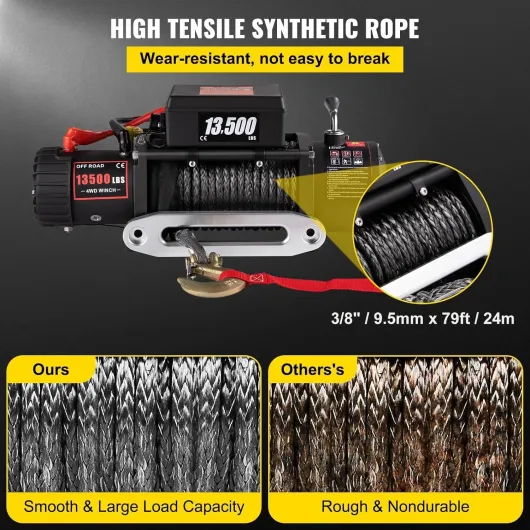 Treuil électrique 12v 13500lb/6123KG Avec TéLéCommande Corde Synthétique 24m*9.5mm Télécommande Sans Fil, Moteur haute puissance, engrenage en acier intégral