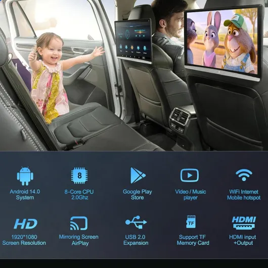Moniteur D'appuie-tête Voiture, 3+32G/Android 14.0, Mise En Miroir Sans Fil, Écran Tactile IPS 8K Amélioré, Moniteur D'appuie-tête TV Pour Siège Arrière Avec Wi-Fi/Bluetooth/HDMI/USB/TF(14'')