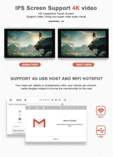 13.3" Lecteur vidéo HD WiFi 1080P pour appui-tête de voiture, moniteurs de télévision pour siège arrière, Android 9.0 avec support de montage, moniteur multimédia à écran tactile IPS 2GB+32GB