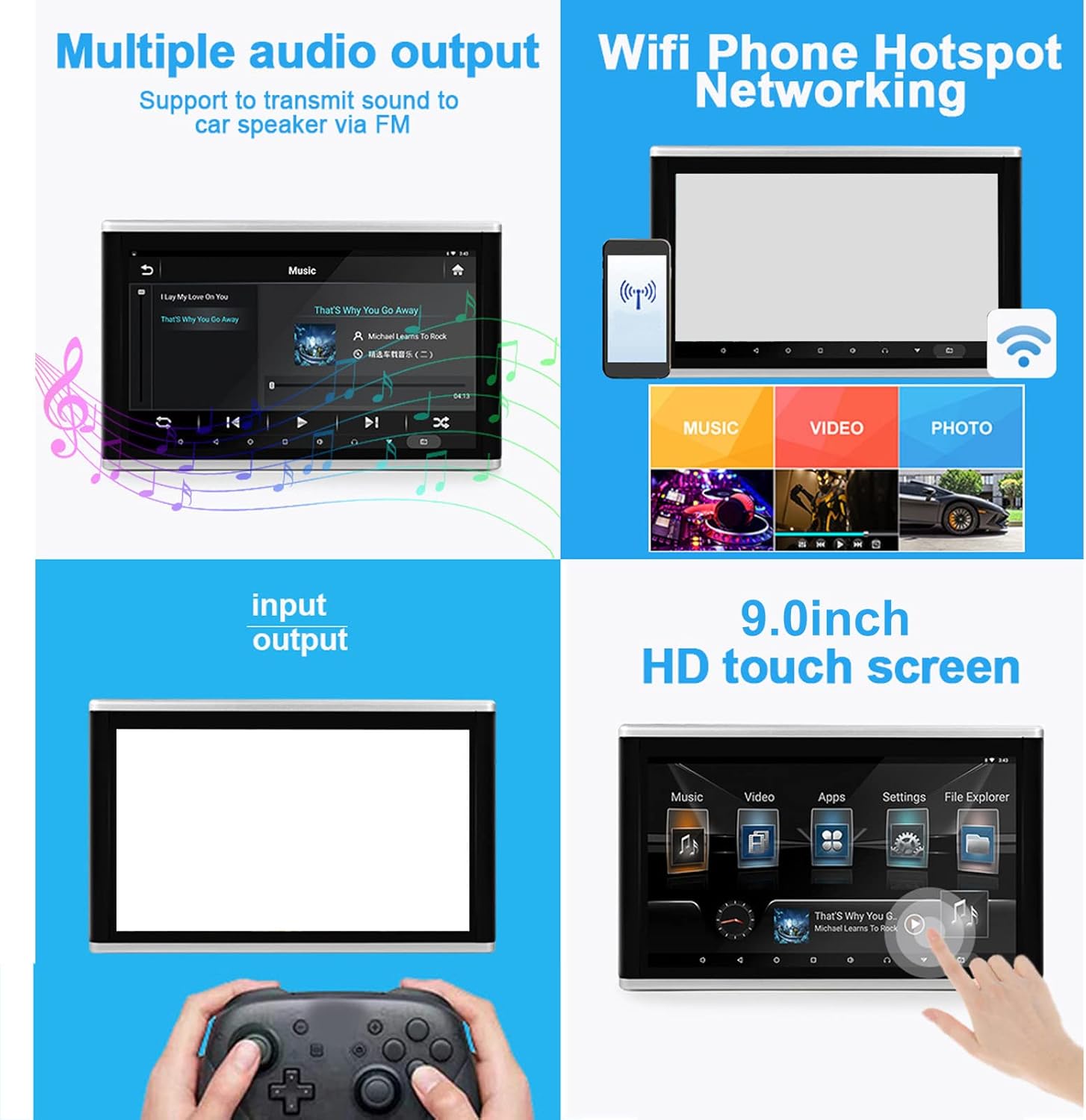 Lecteur Vidéo pour Appui-tête de Voiture 9 Pouces, écran IPS 9 Pouces, Support TV, écran Tactile HD 1920 X 1200 IPS, Bluetooth 32 Go, avec émetteur FM Miracast Airplay, p