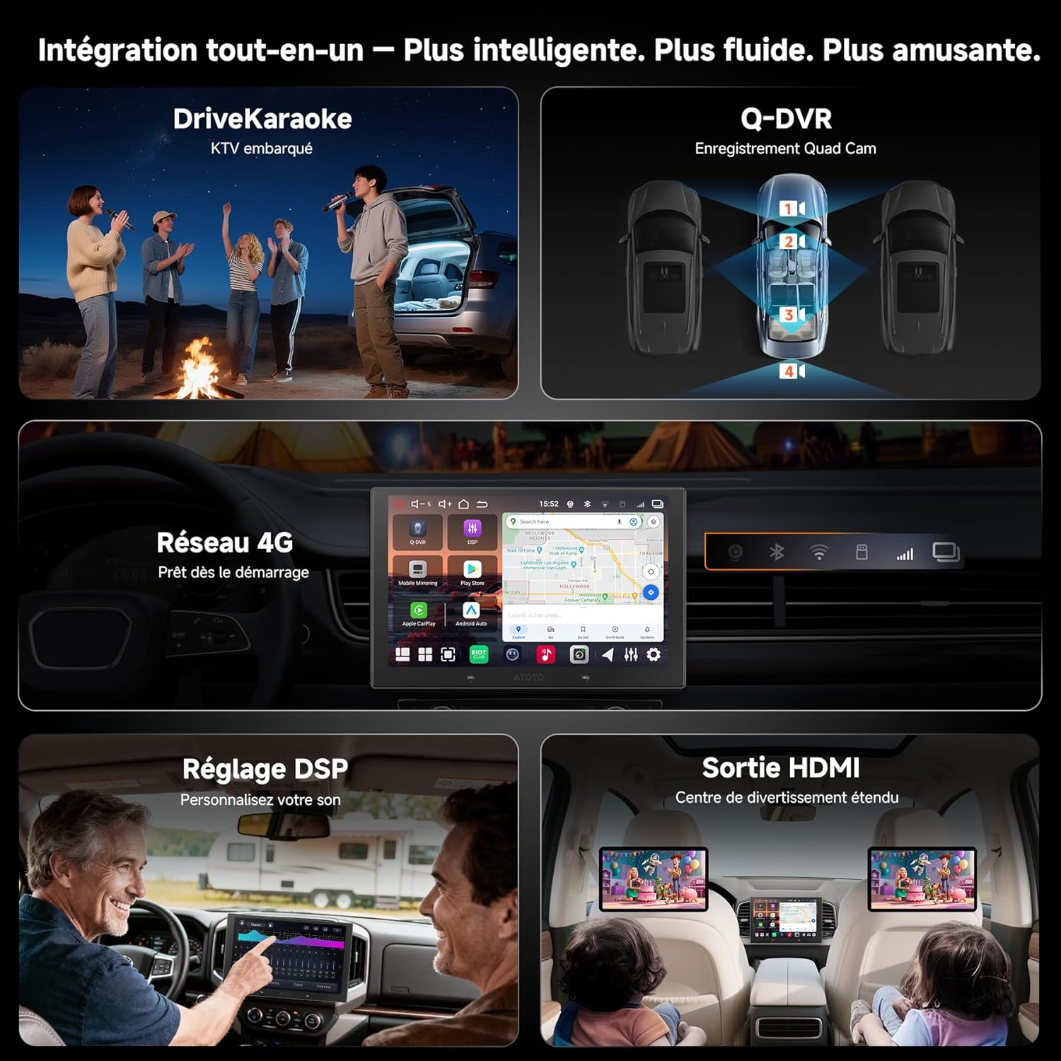 V10 10.1" Android Autoradio 2din, 6GB+128GB, 4G LTE/Wi-FI, Karaoké pour Voiture, DSP 32 Bandes -prêt 7.1.2, DVR 4 canaux, CarPlay&Android Auto sans Fil, BLuetooth5.4ConaptXHD, Suivi GPS