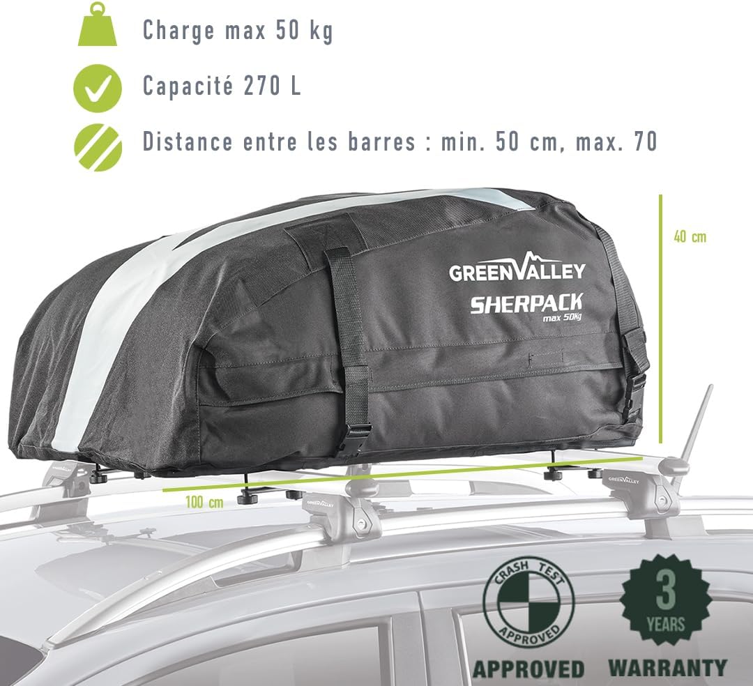 Green Valley 158005 Coffre de Toit Souple 270 L – Étanche, Pliable & Compact – Fixation Barres Universelles